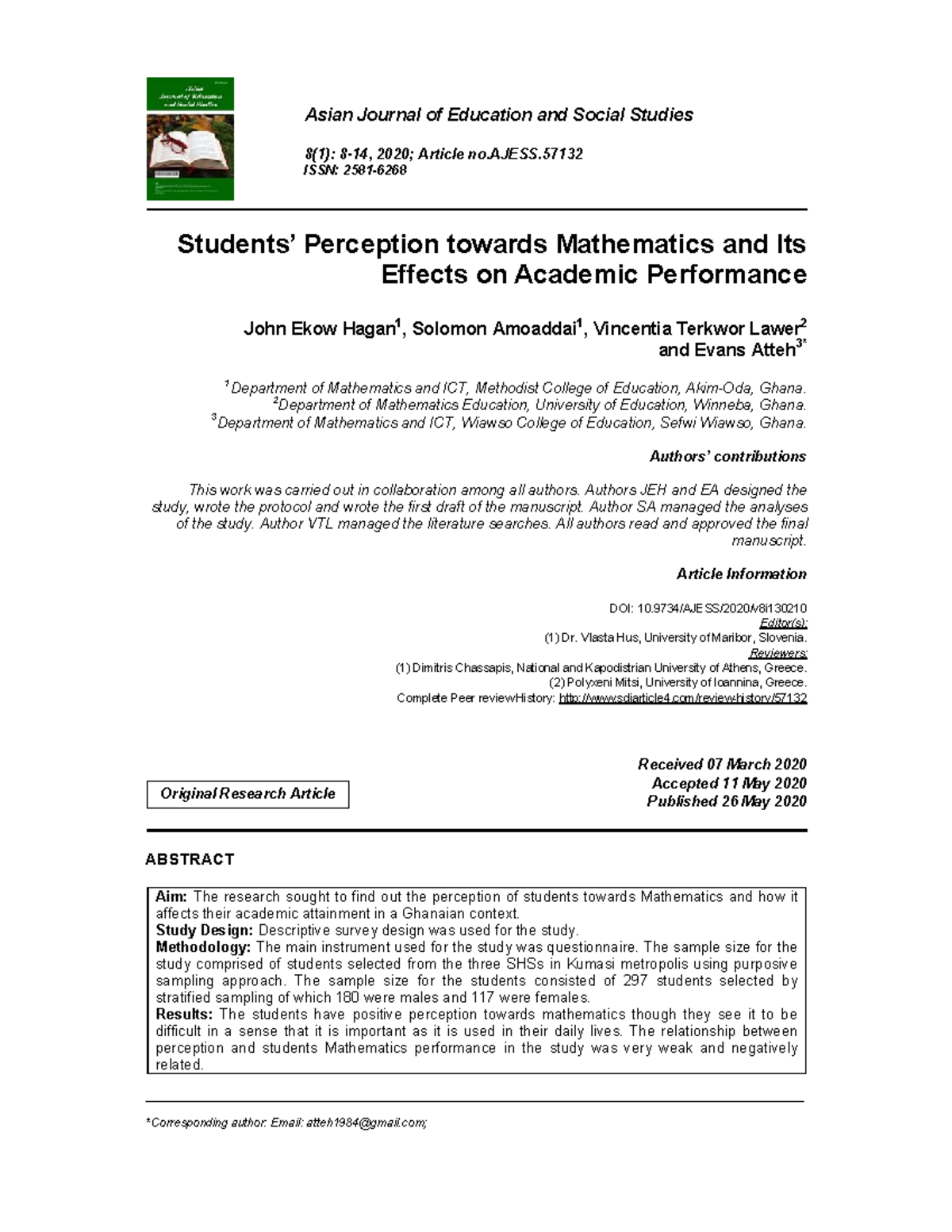 Students' Perception of Mathematics and Its Impact on Academic ...