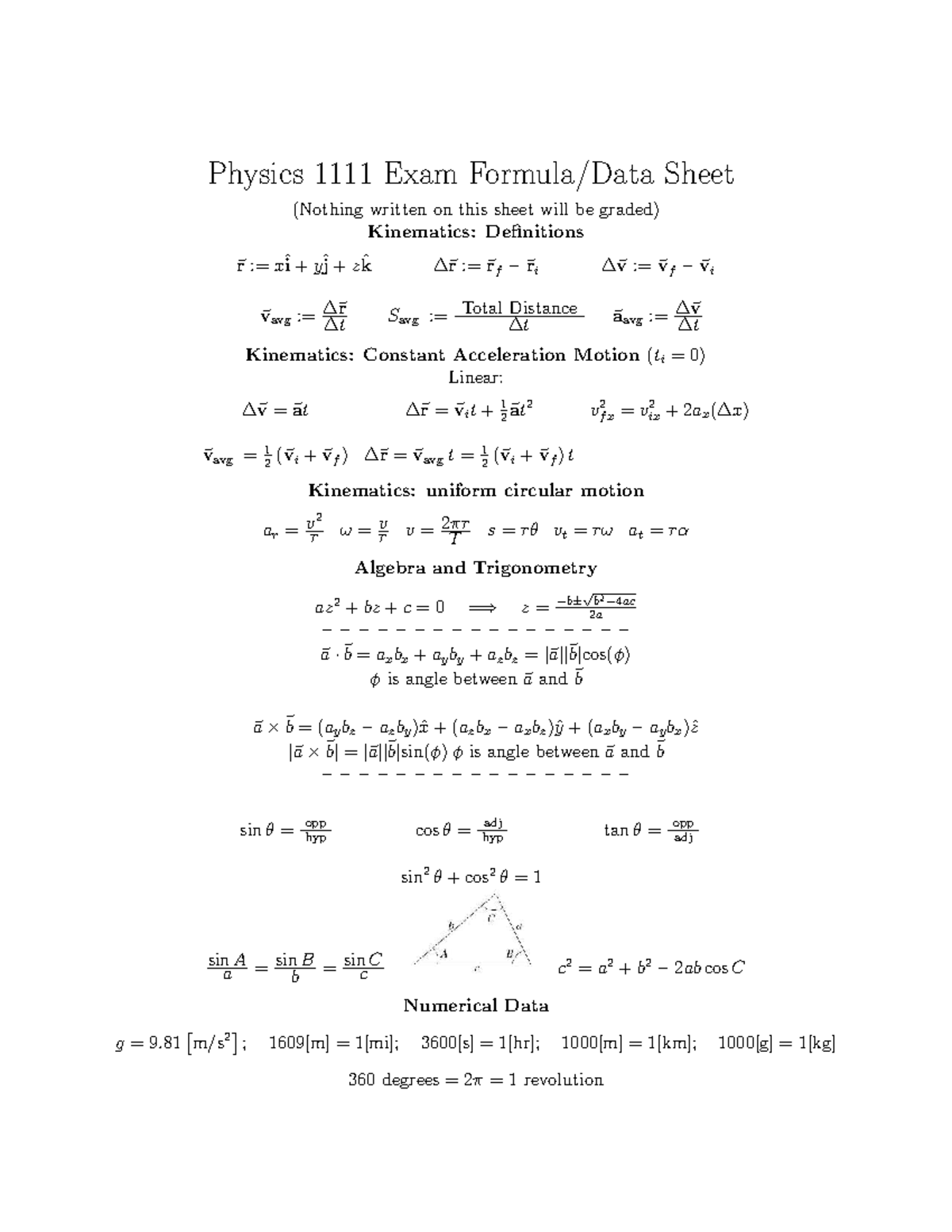 Physics 1111 Kinematics Formula Sheet for Exam Preparation - Studocu