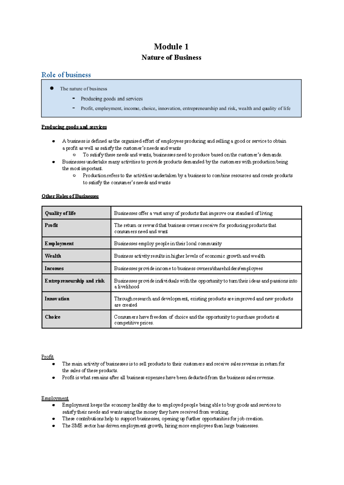 Nature of Business - Notes - Module 1 Nature of Business Role of ...
