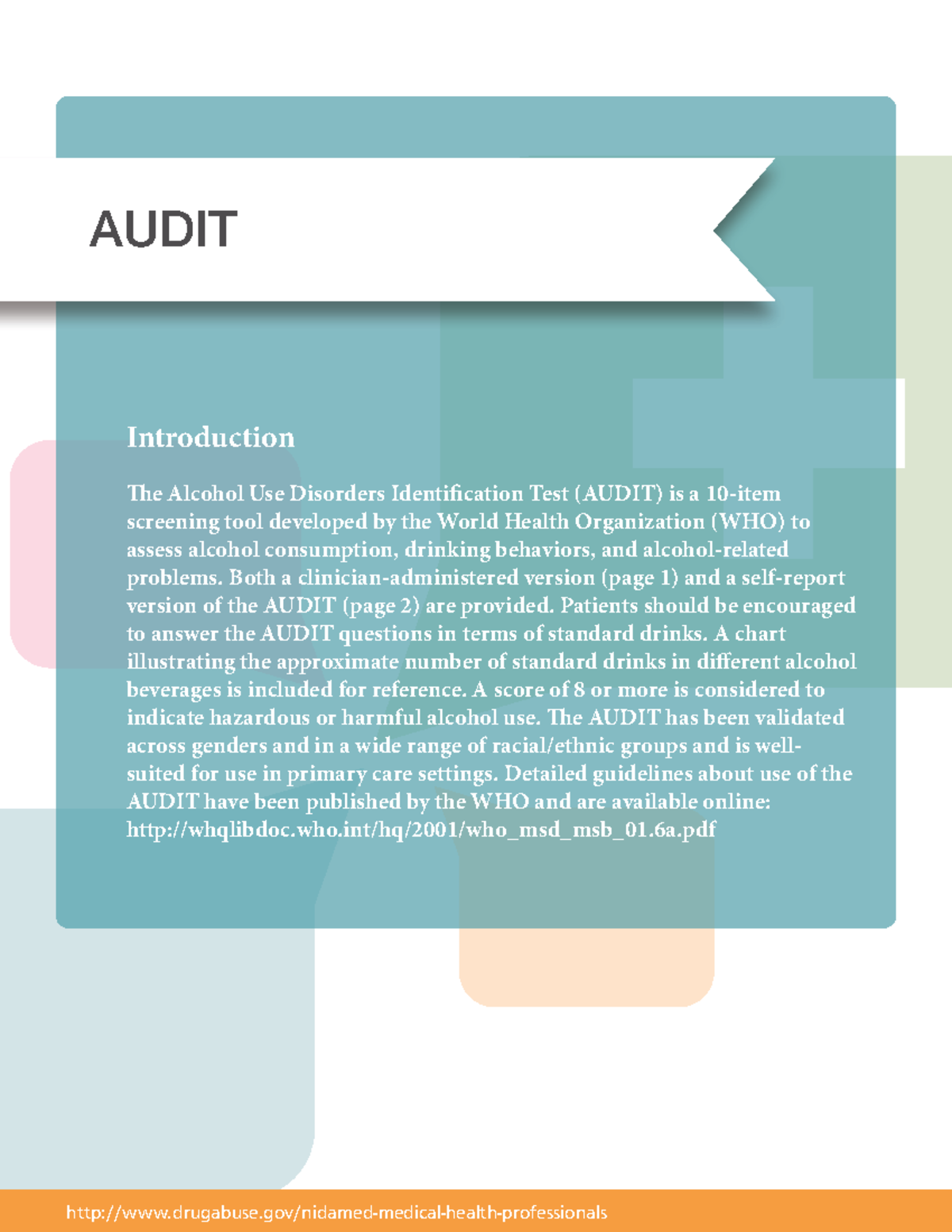 AUDIT Assessment Materials: Alcohol Use Disorders Identification Test ...
