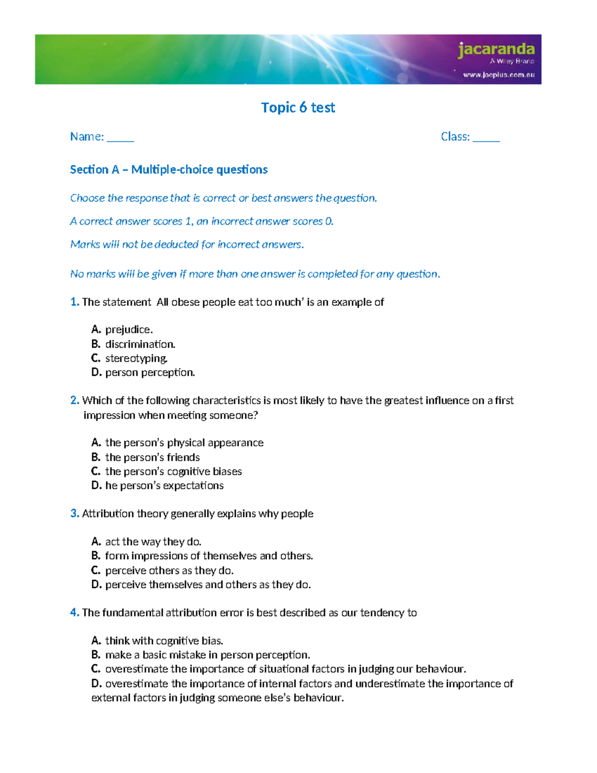 Chapter 6 Practice Test - Understanding Social Cognition and Biases ...