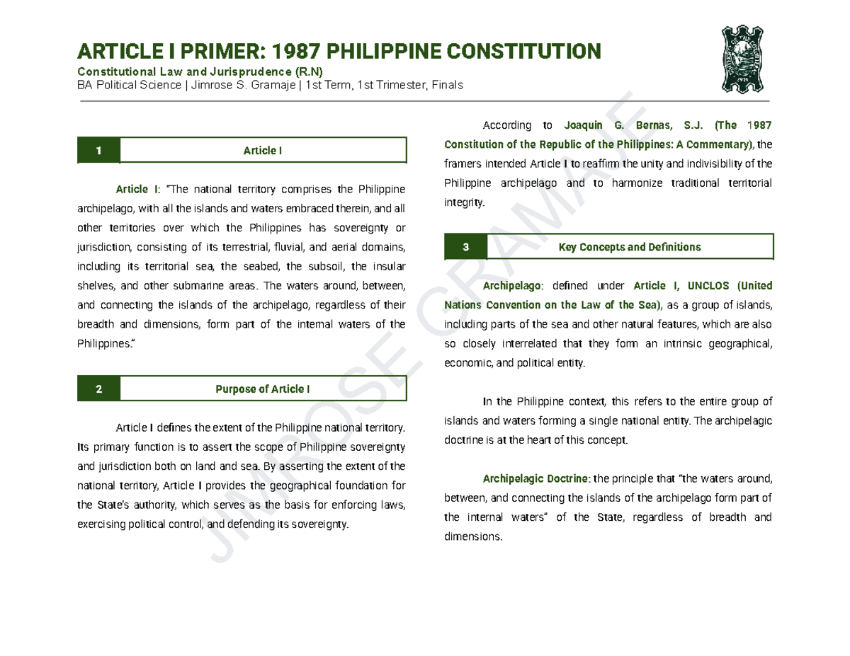 Article I Primer: 1987 Philippine Constitution Overview (R.N) - Studocu