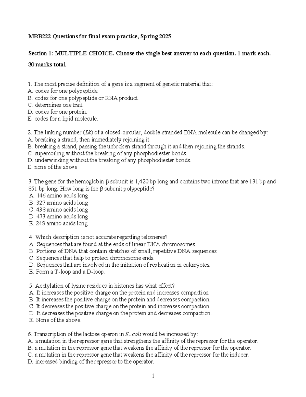 Final Exam Practice Questions for BIOL 101, Spring 2025 - Studocu