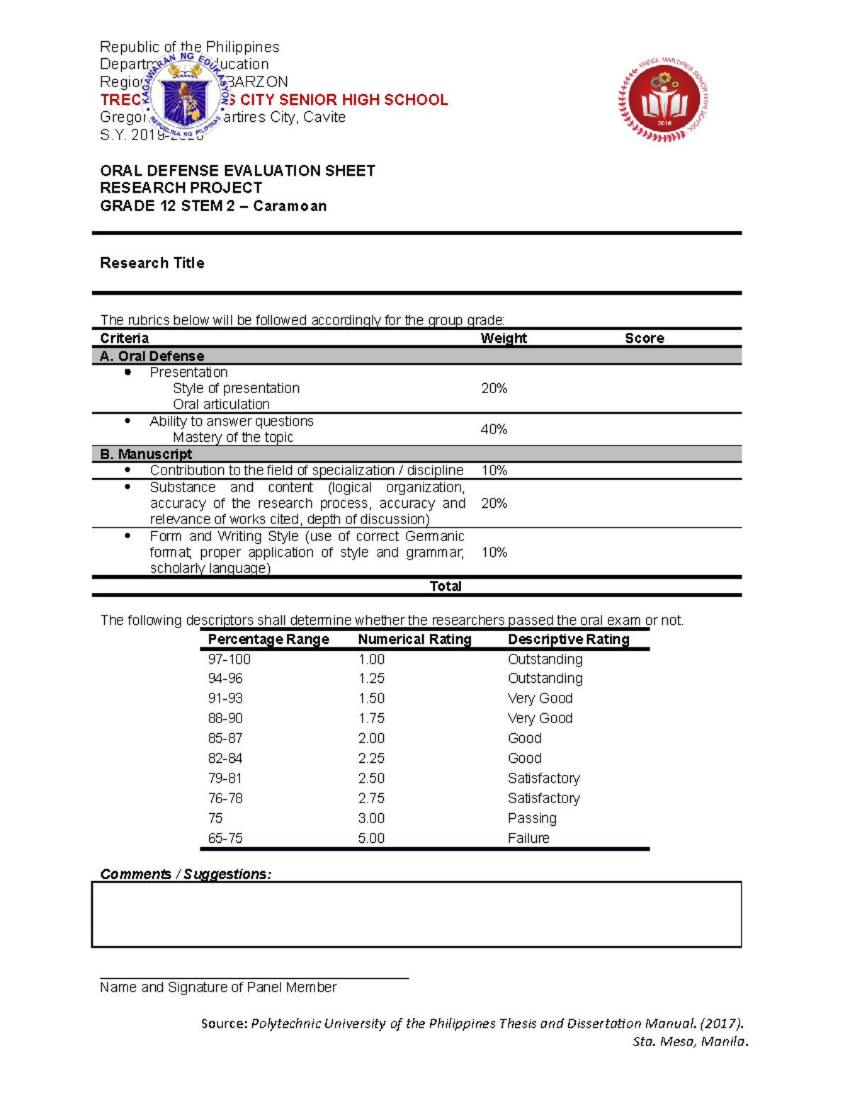 G12 STEM 2 Oral Defense Evaluation Rubric - Final Defense Guide - Studocu