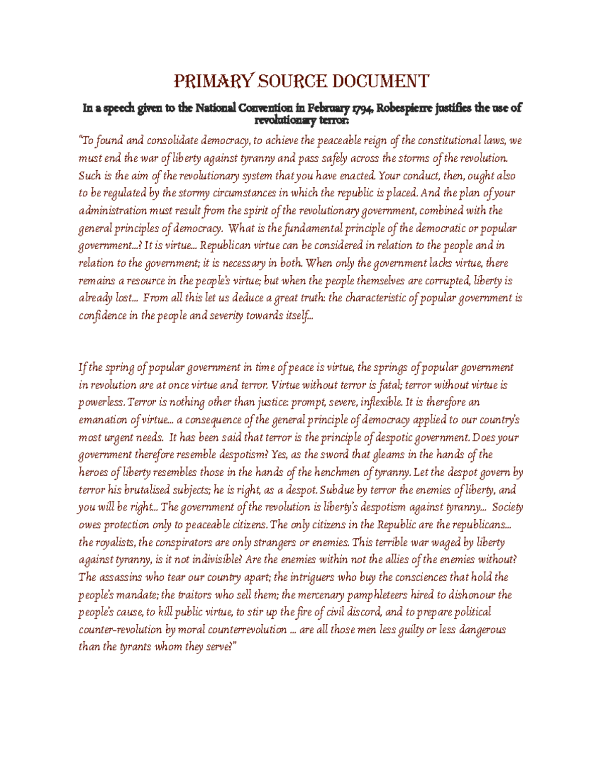 Robespierre's Justification of Revolutionary Terror: A Primary Source ...