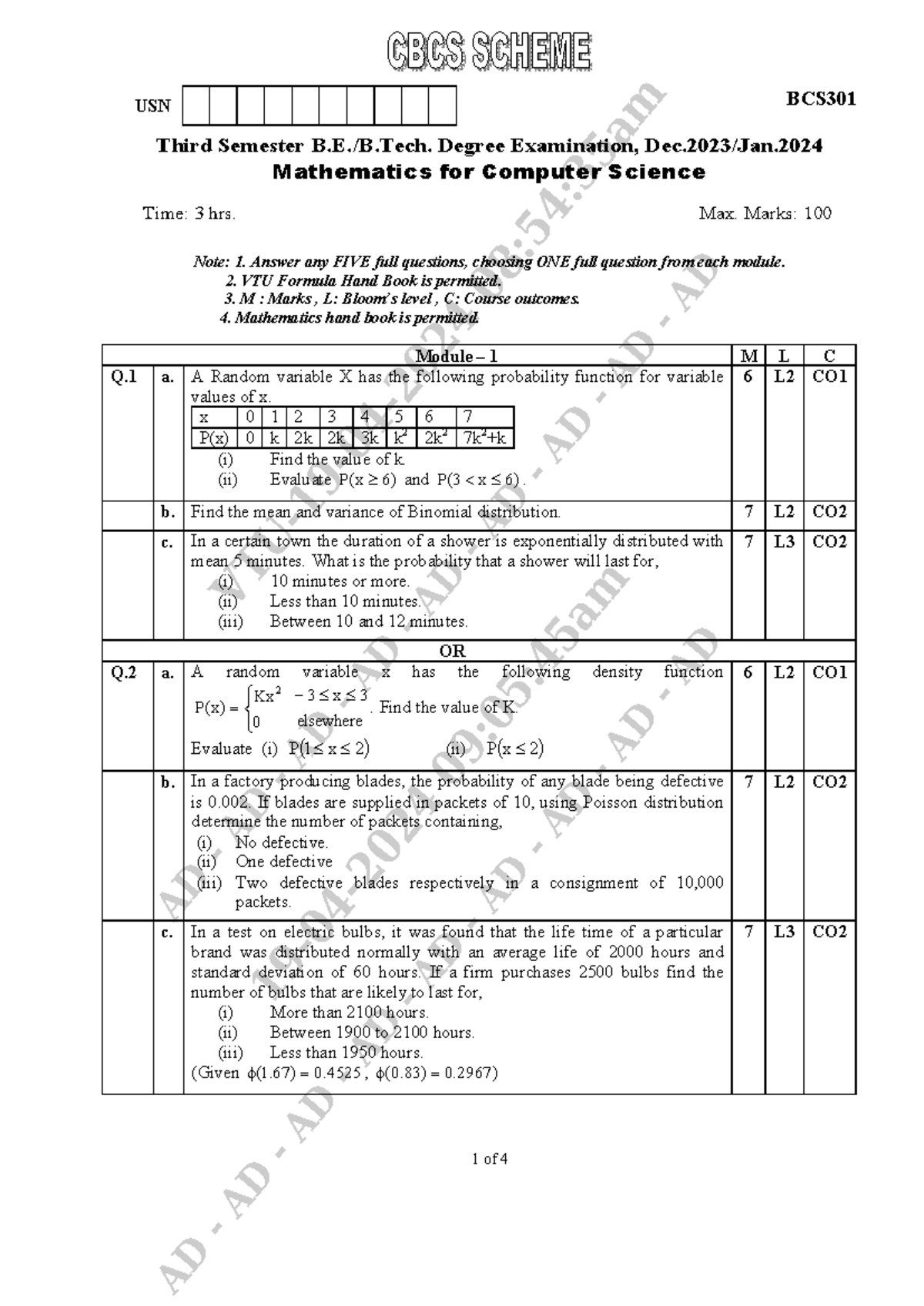 B.E./B.Tech. Mathematics for Computer Science Exam BCS301 - Dec. 2023 ...