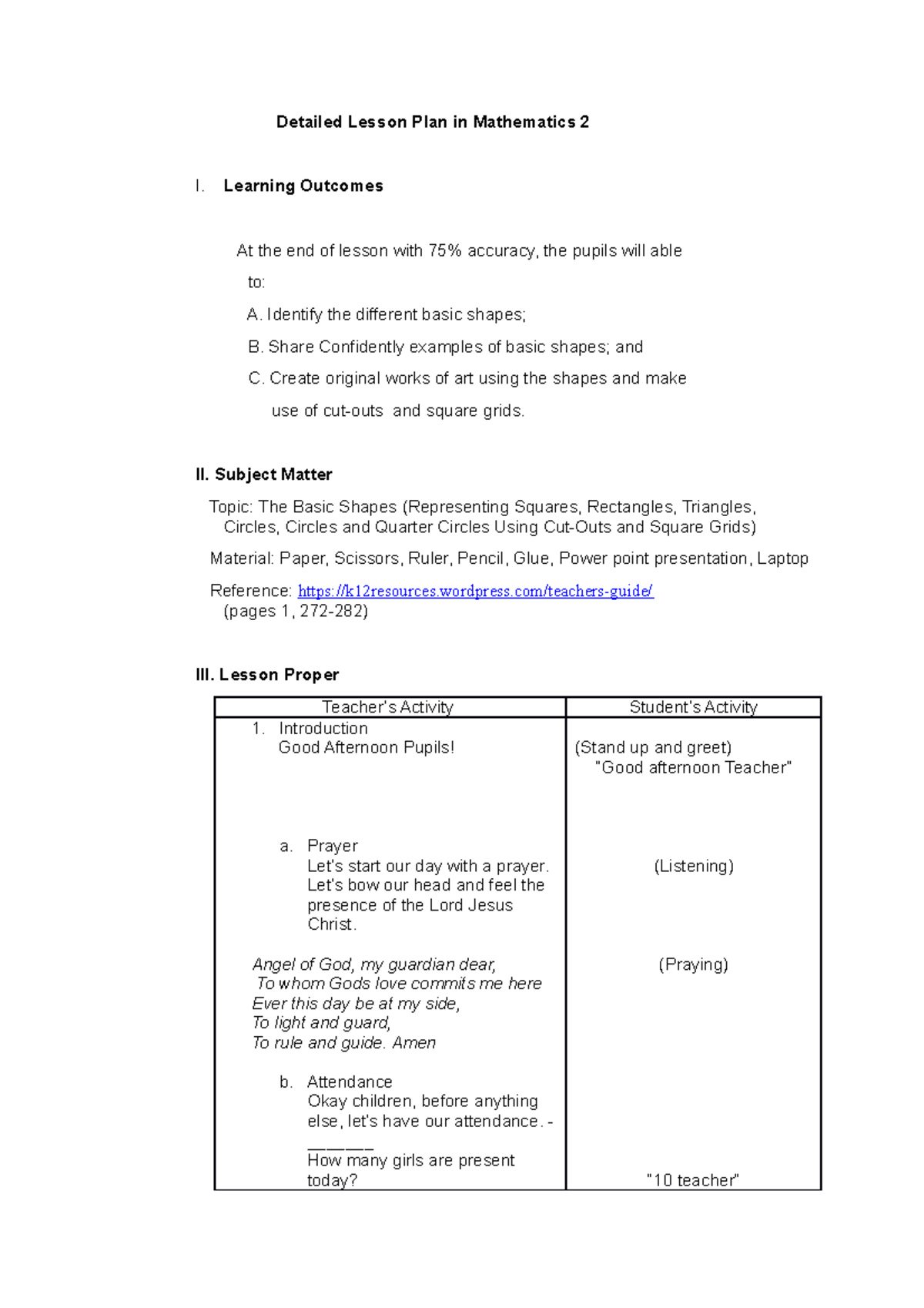 Math 2 Group 3 Detailed Lesson Plan: Exploring Basic Shapes - Studocu