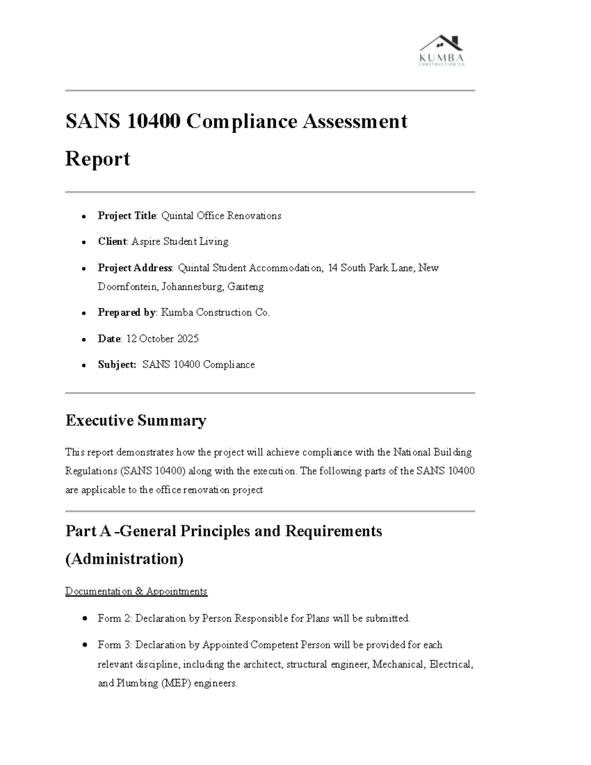SANS 10400 Compliance Assessment Report for Quintal Office Renovations ...