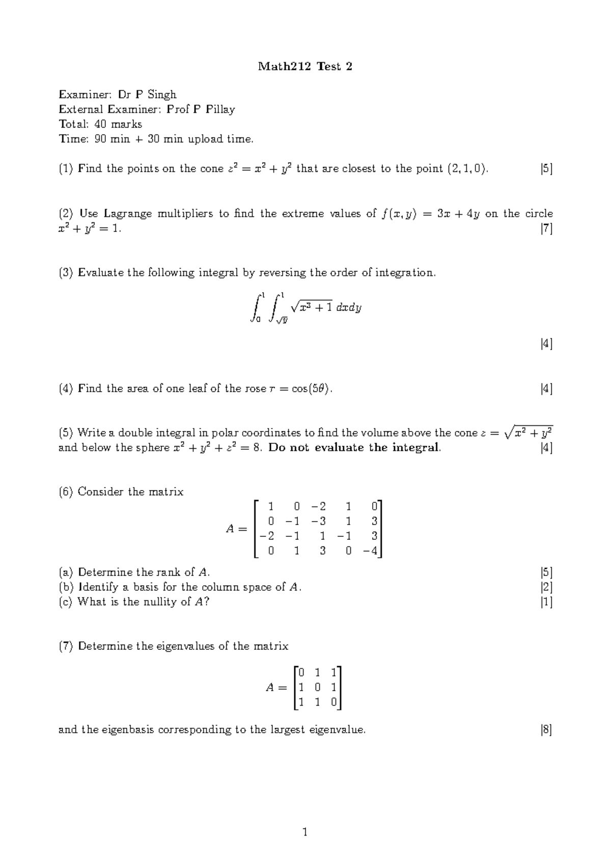 Math212 Test 2 Notes: Cone, Lagrange Multipliers, Integrals & Matrices ...