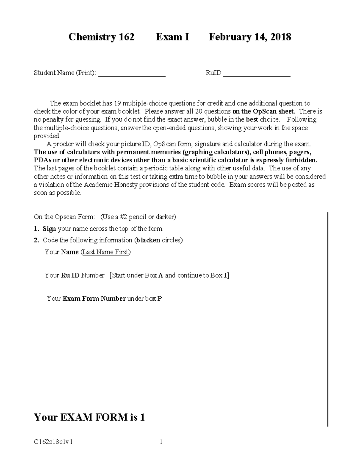 Chem 2 exam 1 practice - C162s18e1v1 1 Chemistry 16 2 Exam I February ...