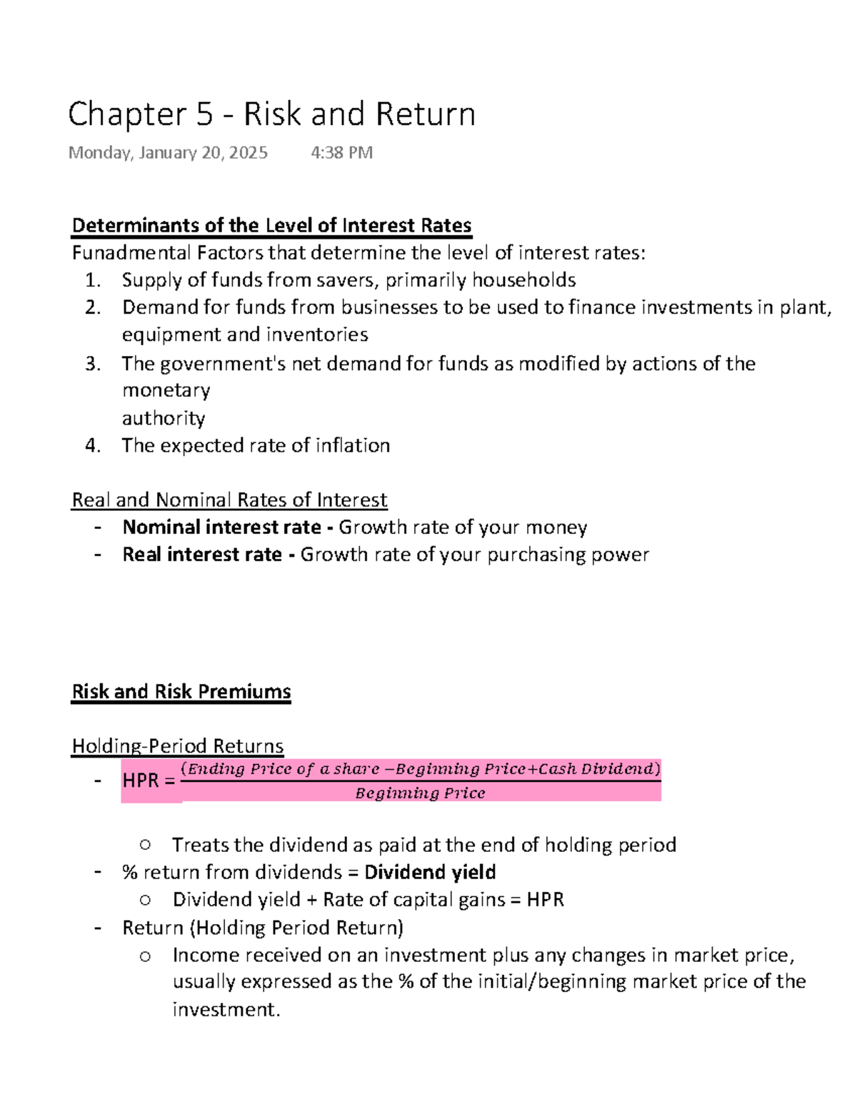 Chapter 5 - Risk and Return - Determinants of the Level of Interest ...