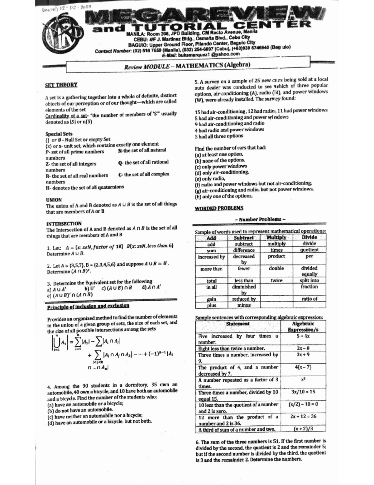 MSTE - Lecture Notes on Set Theory and Algebra Concepts - Studocu