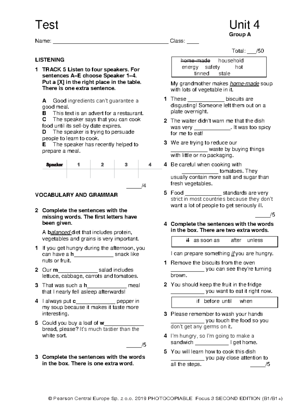 Focus 3 2E Unit 4 Group A Listening & Vocabulary Test - Studocu