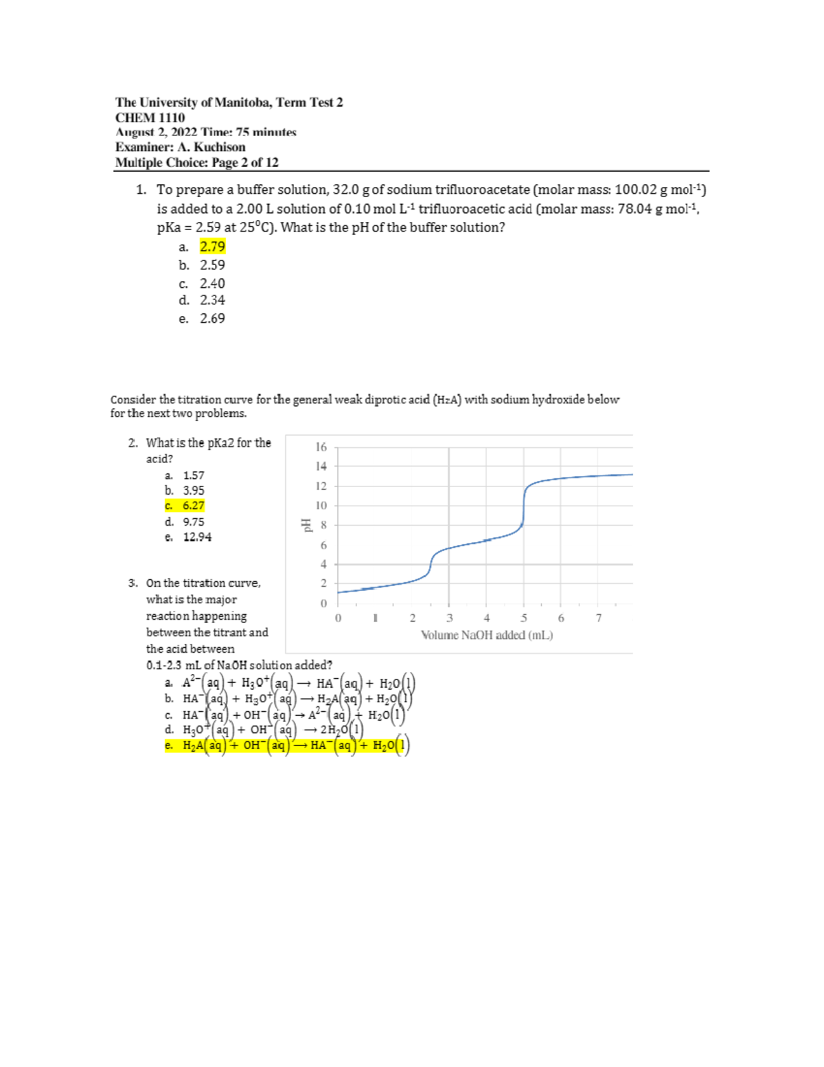 CHEM 1110 TT2 Old Exam Review Materials - Studocu