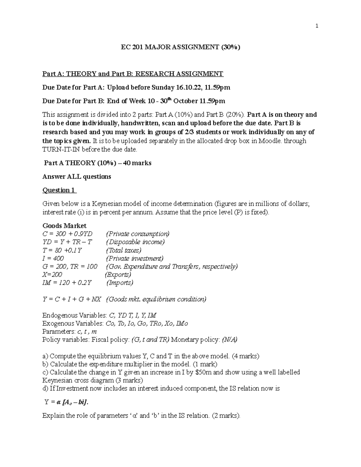 EC 201 Major Assignment Sem 2 2022: Theory & Research Tasks - Studocu