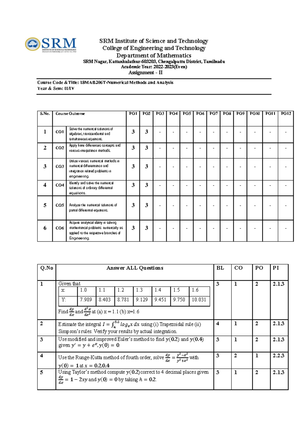 maths assingnment - SRM Institute of Science and Technology College of ...