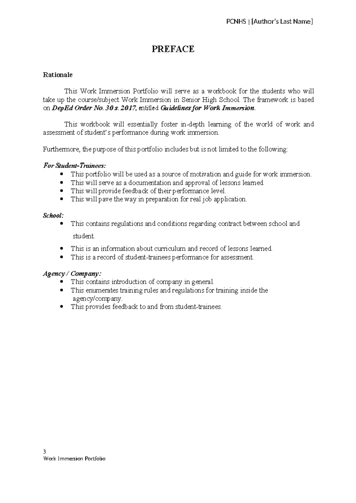 PCNHS Work Immersion Portfolio: Guidelines & Activities for SHS ...