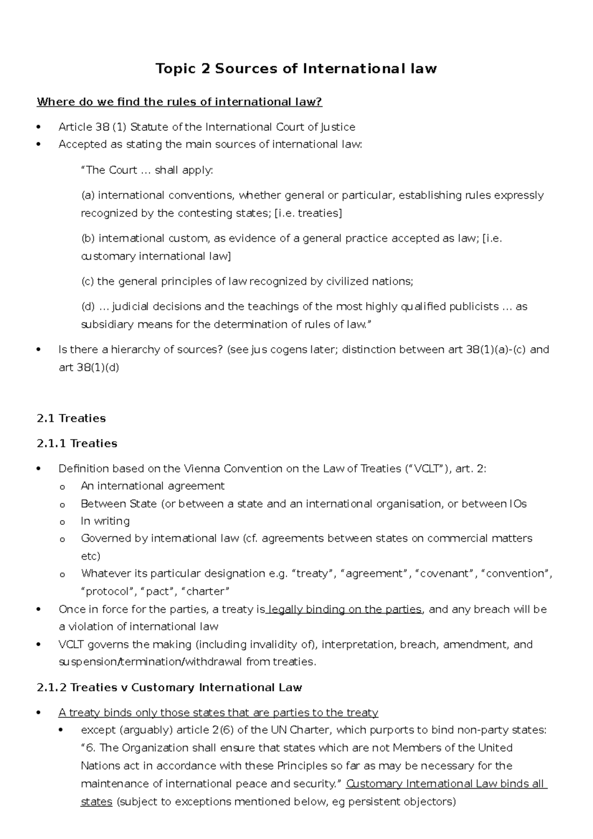 PIL Lecture Notes: Topic 2 - Sources of International Law - Studocu