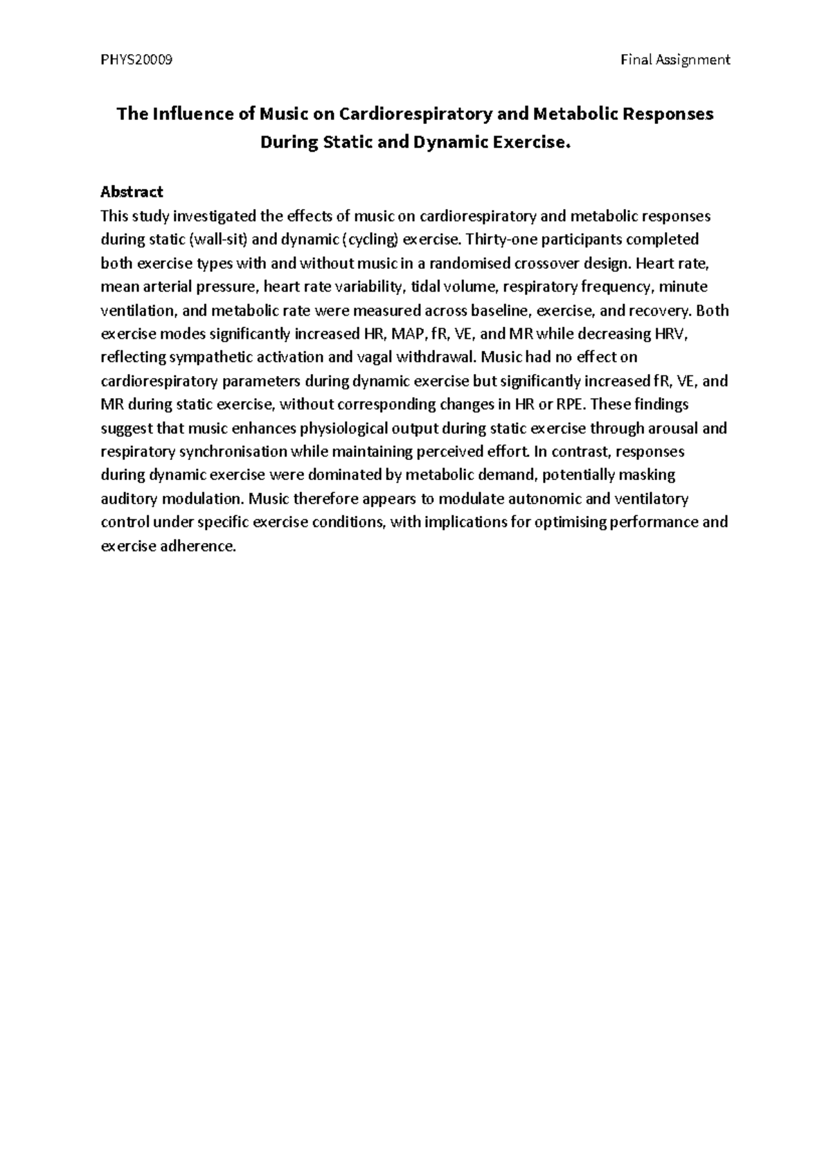 PHYS2000 9 Final Assignment: Impact of Music on Exercise Physiology ...