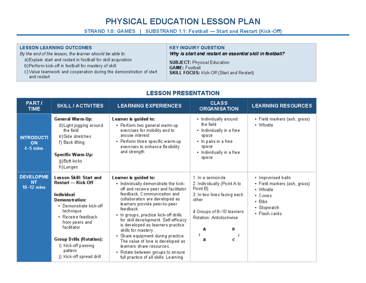PE Lesson Plan: Football Start & Restart (Strand 1.0) - Studocu