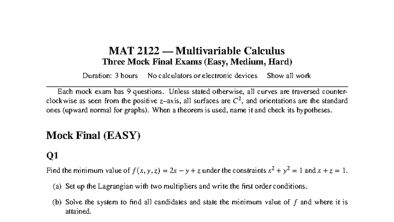 MAT 2122 Multivariable Calculus Mock Final Exams (Easy, Medium, Hard ...