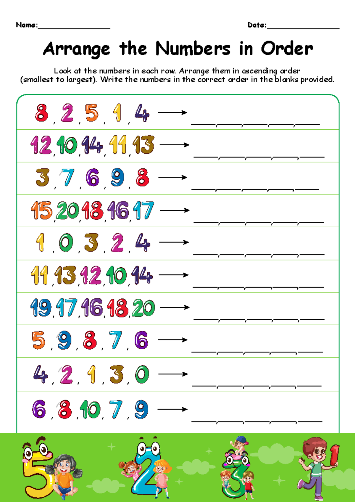 Arranging Numbers in Order - Kindergarten Worksheet