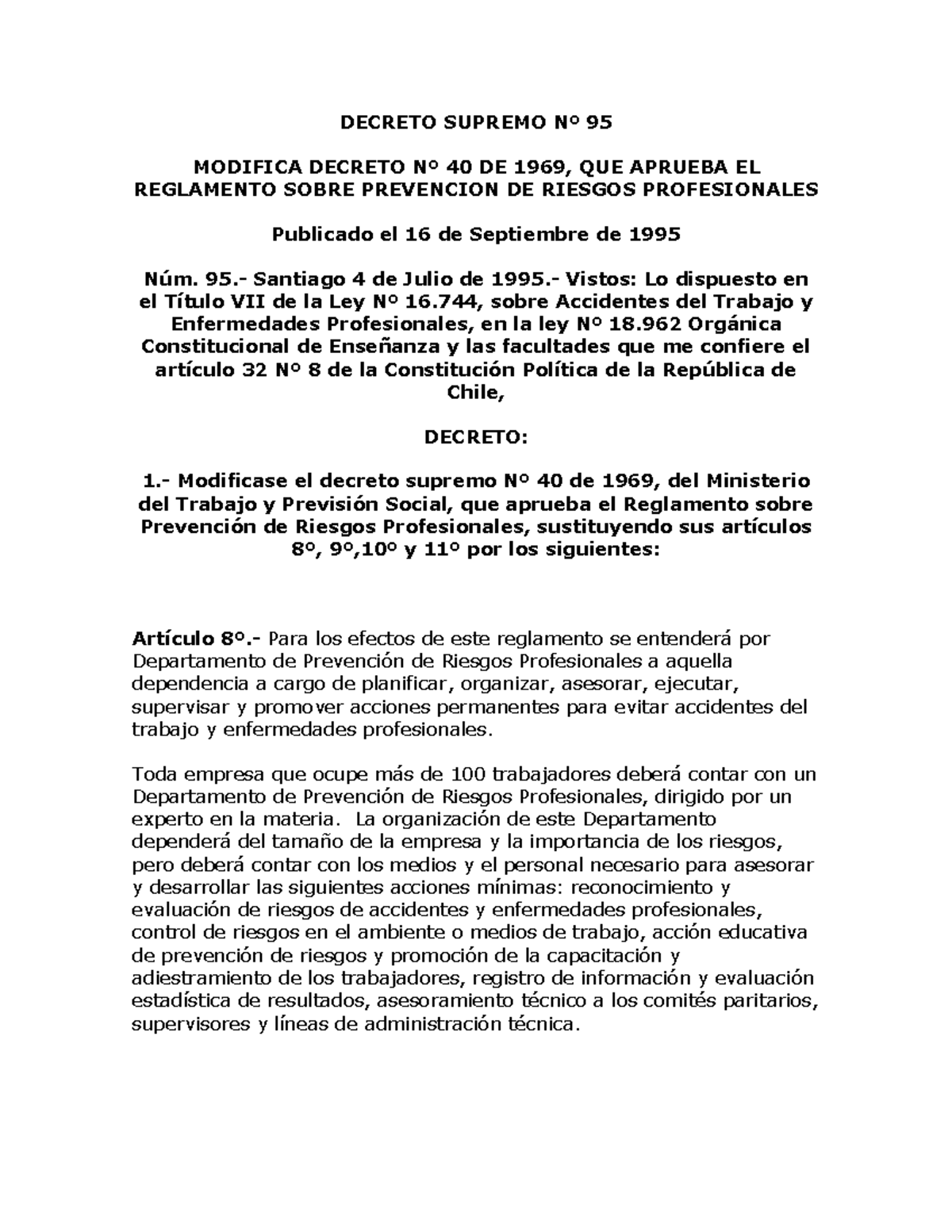 Modificación del DS 40 de 1969: Reglamento de Prevención de Riesgos ...
