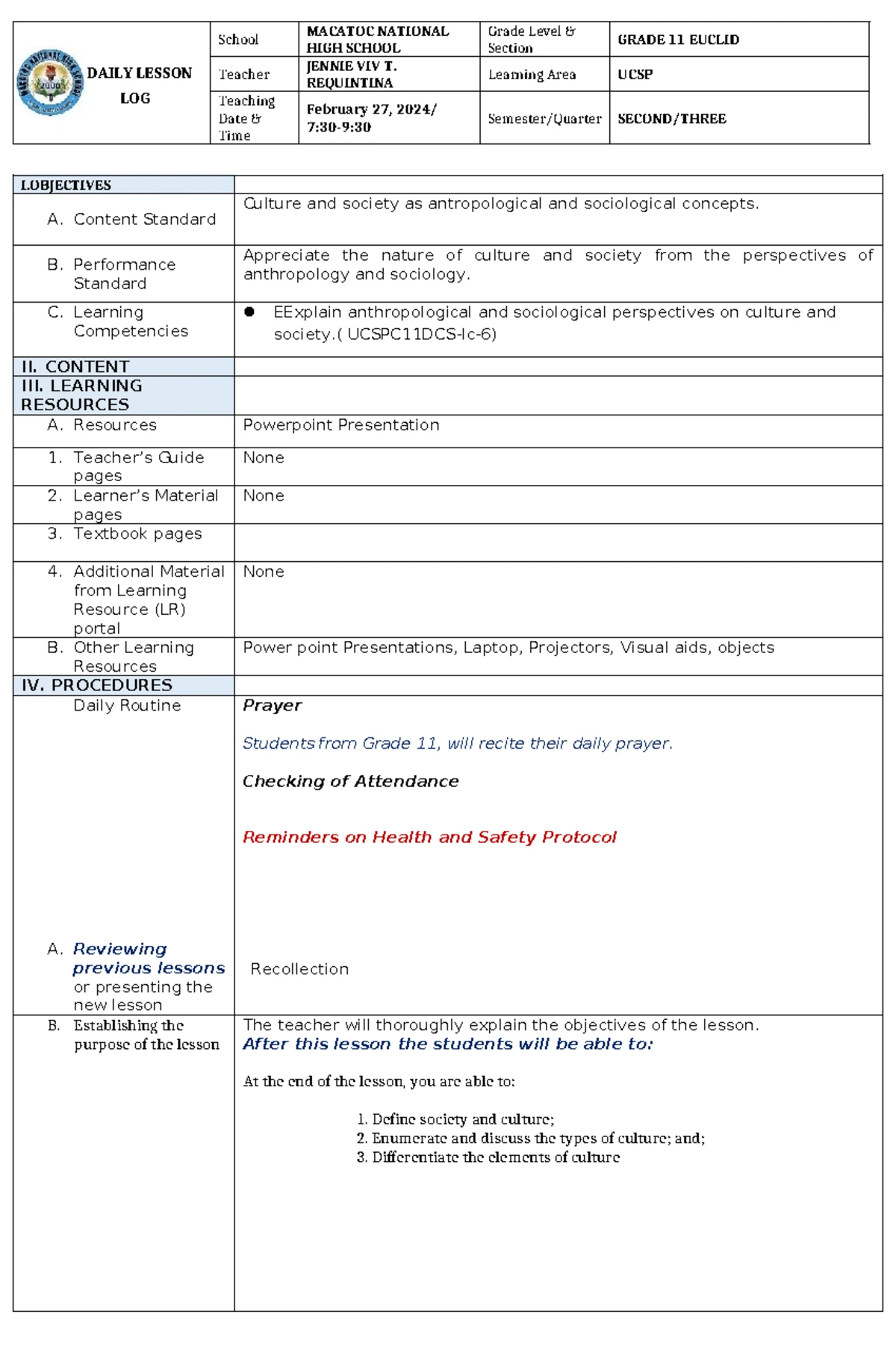 MIL-WEEK-9 - Detailed Lesson Plan for Grade 12 Physical Education - Studocu