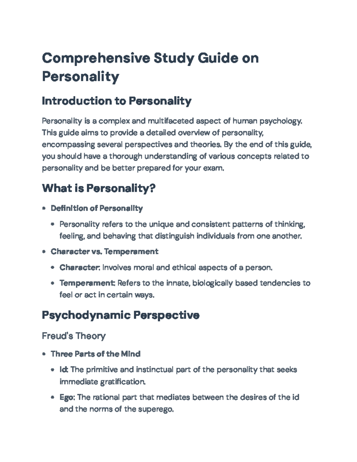 Comprehensive Study Guide on Personality Theories and Perspectives ...