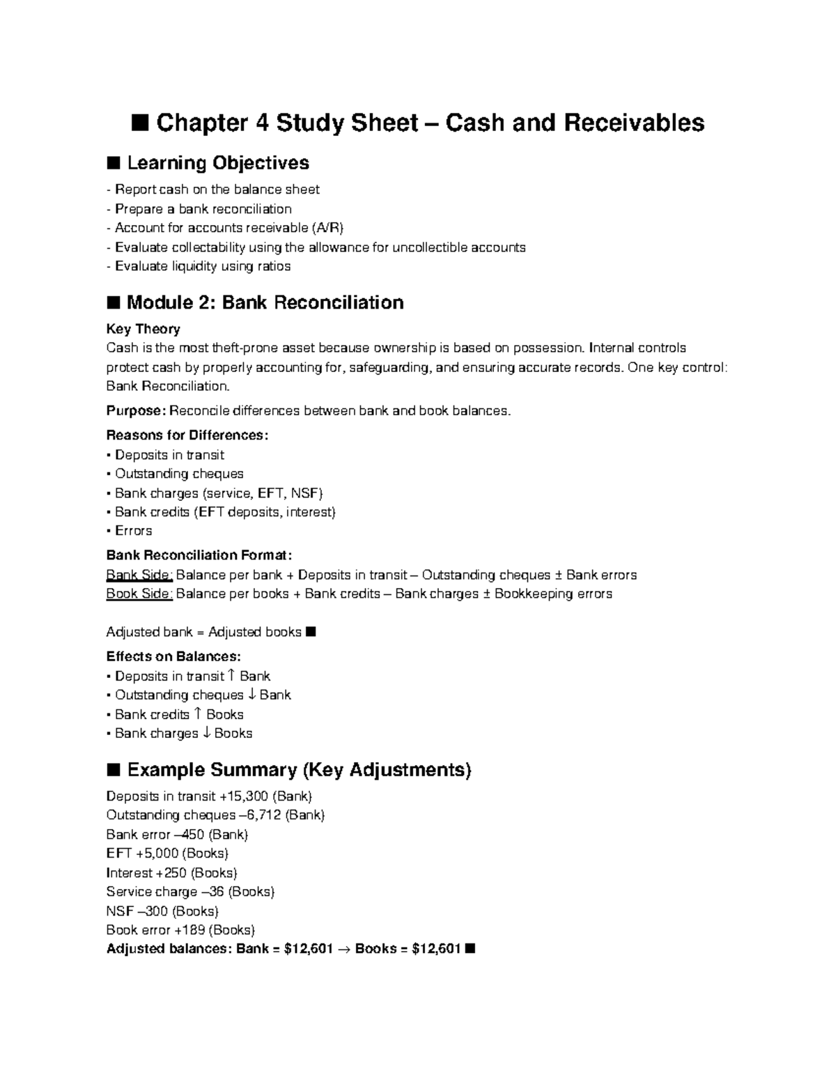 Chapter 4 Study Sheet: Cash & Receivables Overview - Studocu