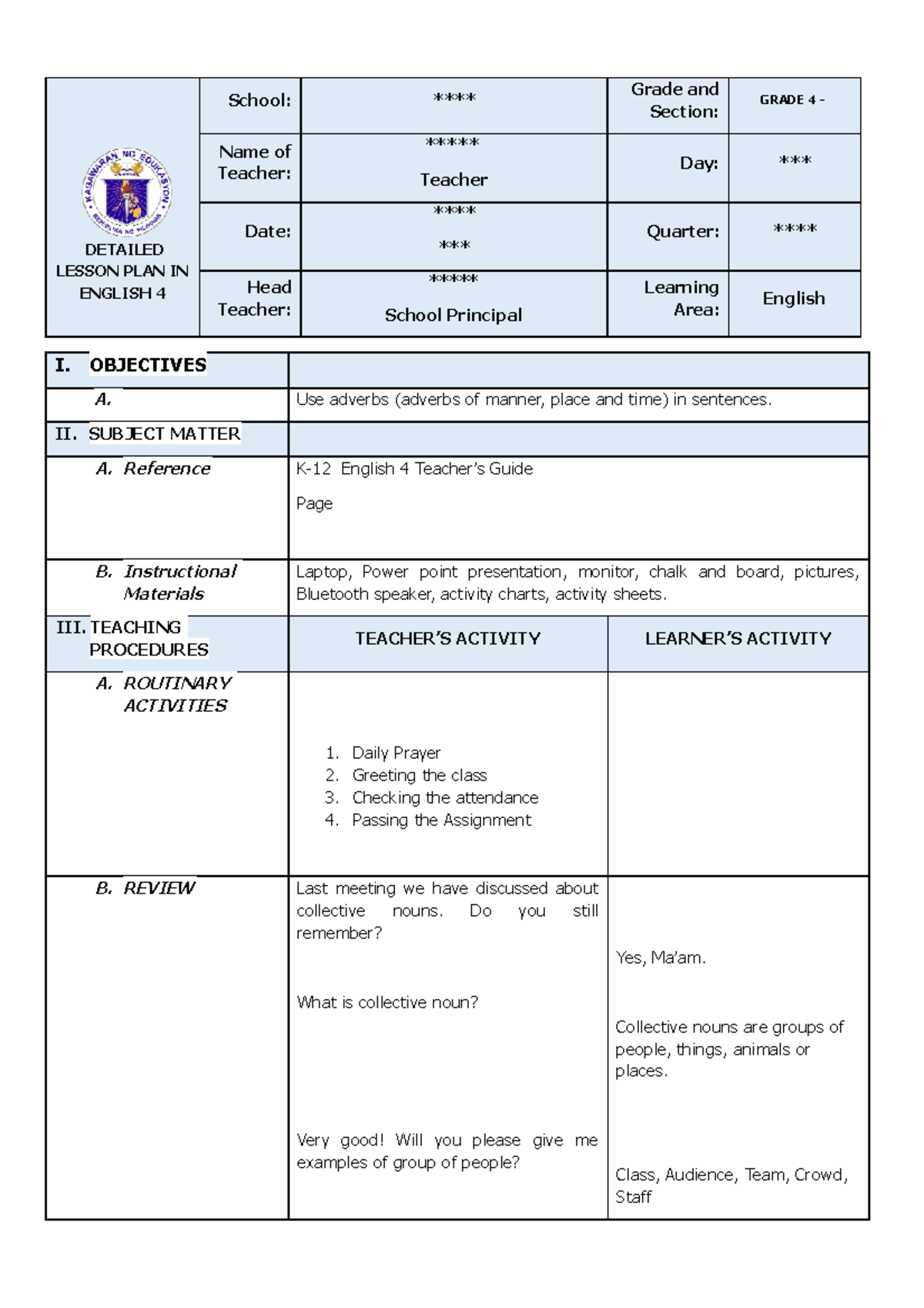Adverbs in English 4 - Detailed Lesson Plan for Teaching Adverbs - Studocu