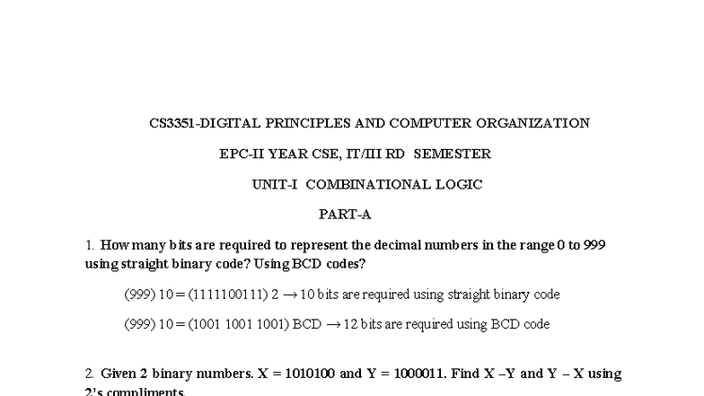 CSE RD Semester Combinational Logic - Two Mark Q&A Study Guide - Studocu