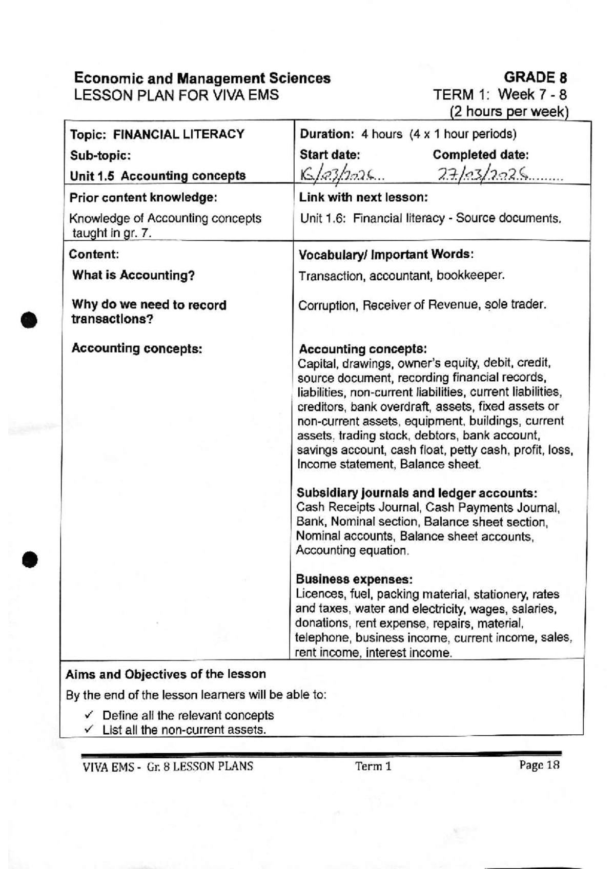 GRADE 8 EMS TERM 1: Financial Literacy Lesson Plan - Studocu