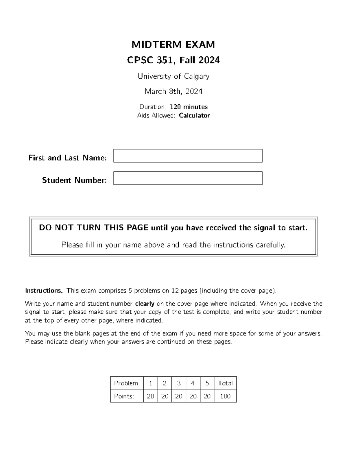 MIDTERM EXAM CPSC 351 - Fall 2024 - University of Calgary - Studocu