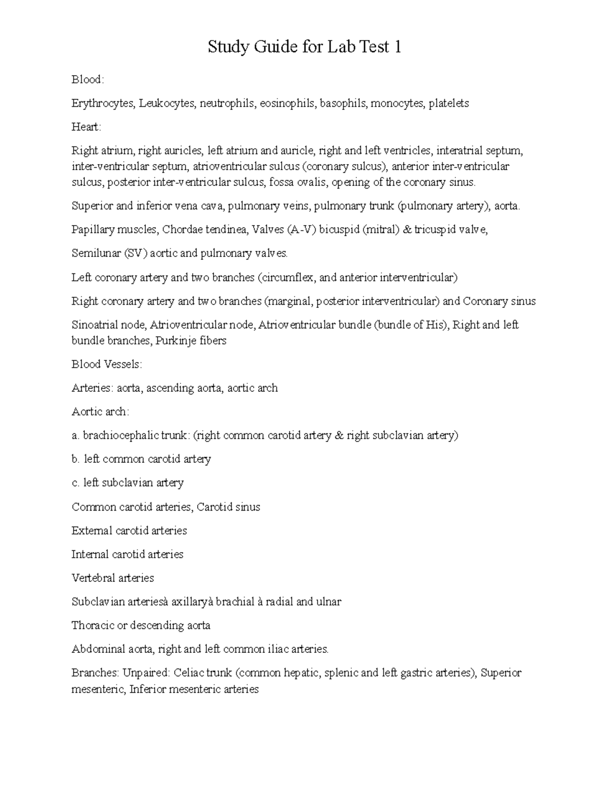 BIO 227 Lab Test 1 Study Guide: Blood and Heart Anatomy Overview - Studocu