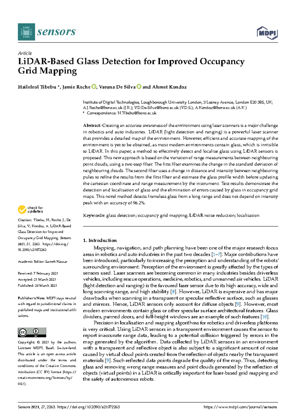 Sensors 21 - Glass Detection for Enhanced Occupancy Grid Mapping - Studocu