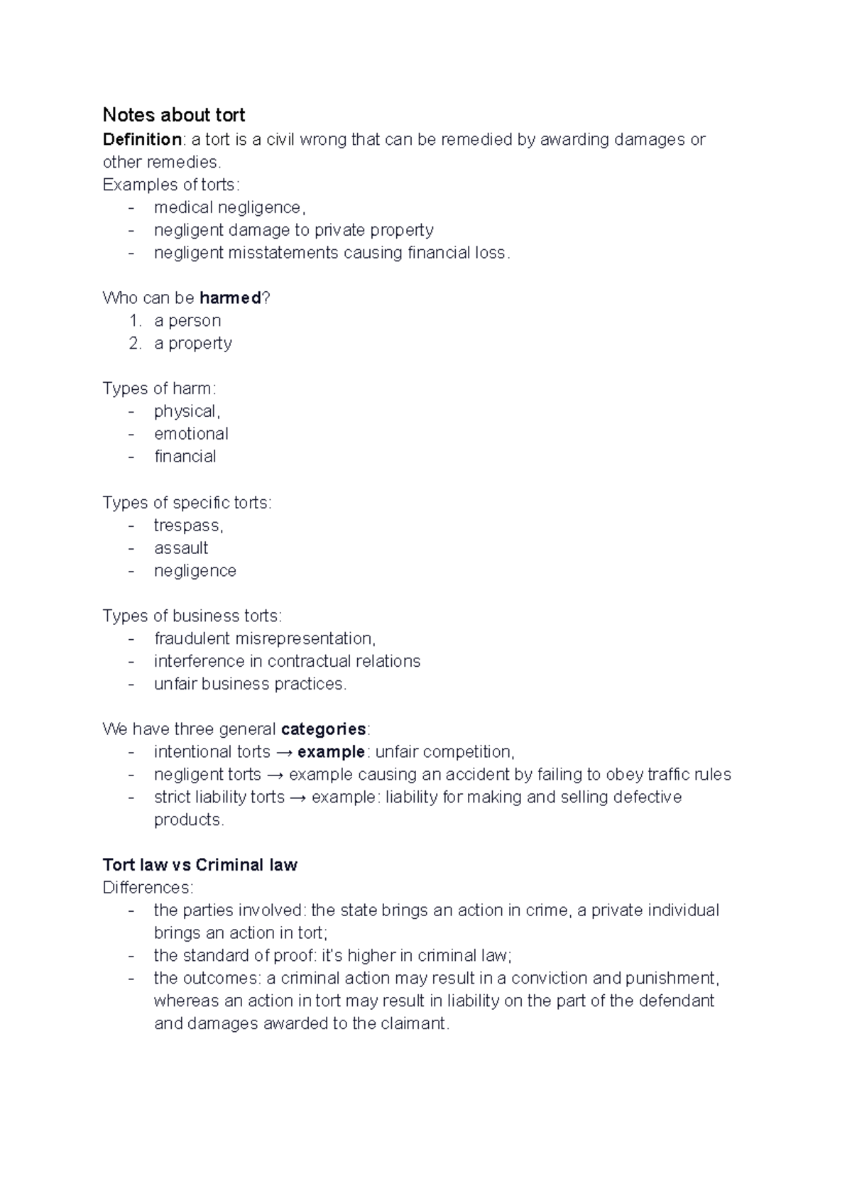 Tort Law Notes: Understanding Civil Wrongs and Remedies - Studocu