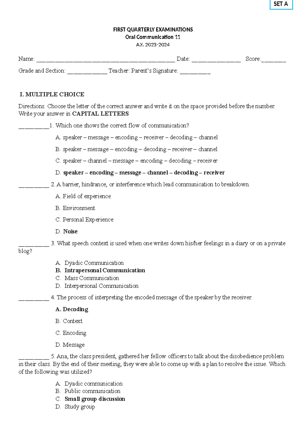 Exam Oral Com 1 - First Quarterly Exam in Oral Communication 11 - Studocu
