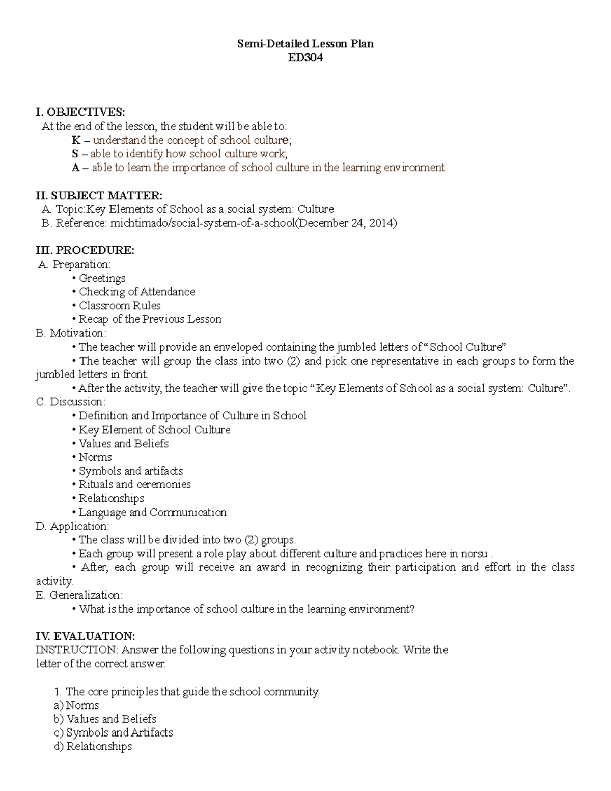 Lesson Plan ED304: Key Elements of School Culture - Studocu