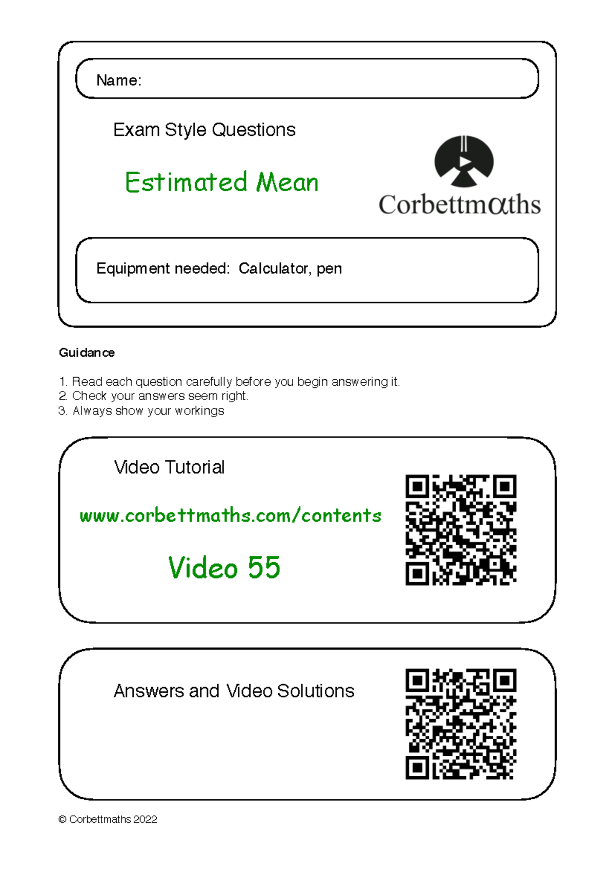 Exam Style Questions: Estimating Mean Values - Corbettmaths 2022 - Studocu