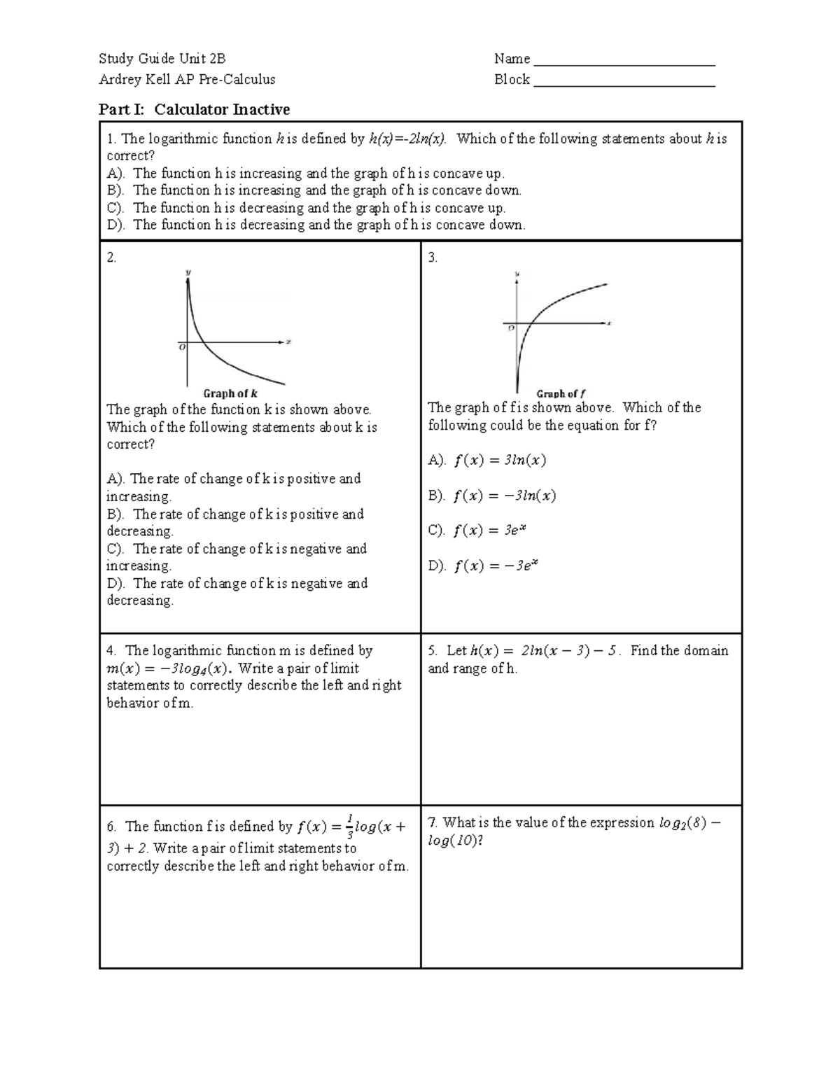 2B Study Guide: Logarithmic Functions and Their Properties - Studocu