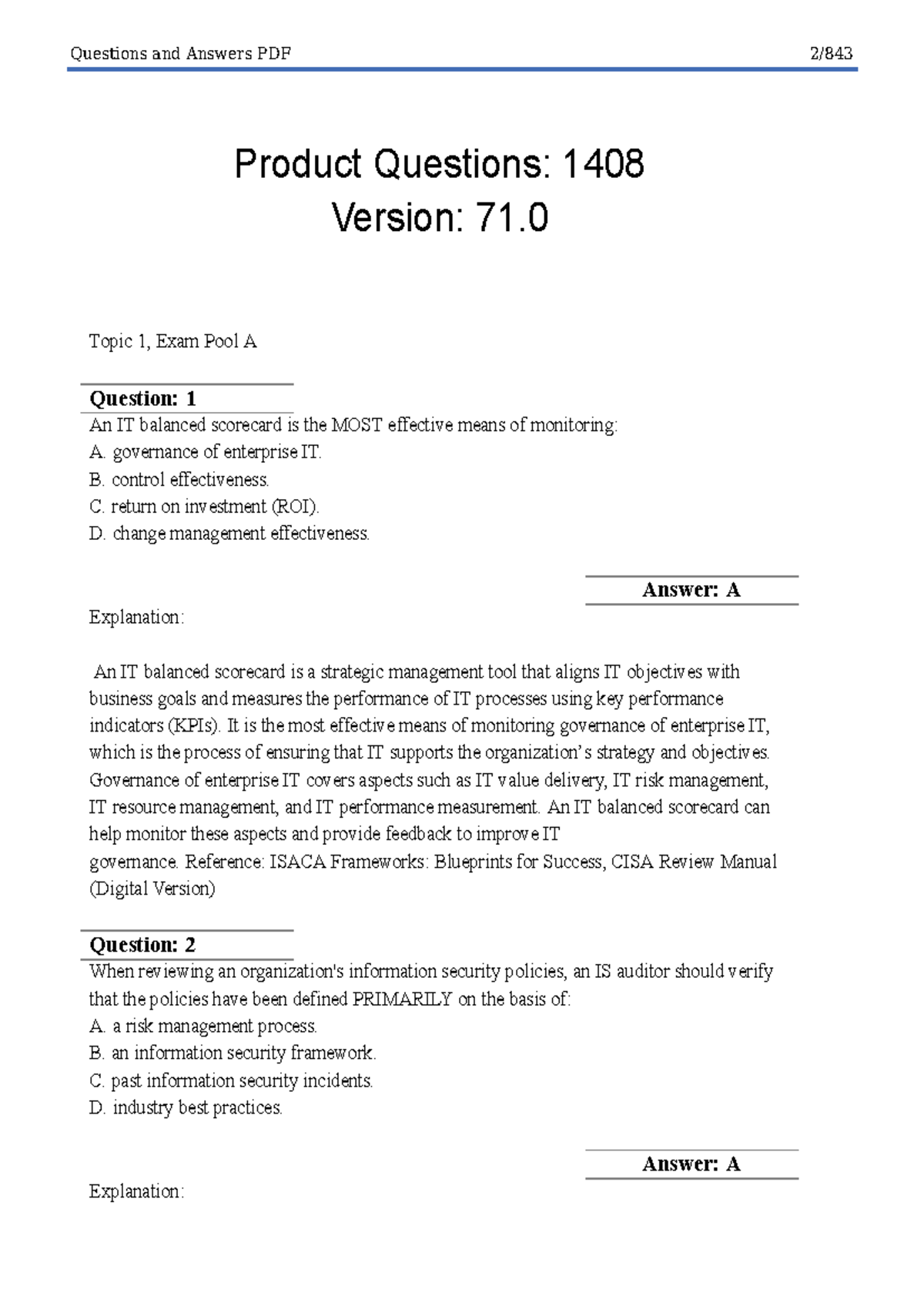 CISA Exam Pool A Questions and Answers - Version 71.0 - Studocu