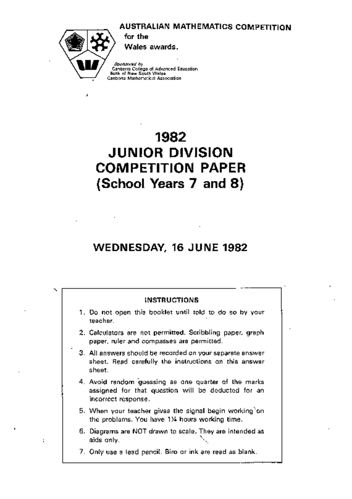 1982 Junior Division Australian Mathematics Competition Paper - Studocu