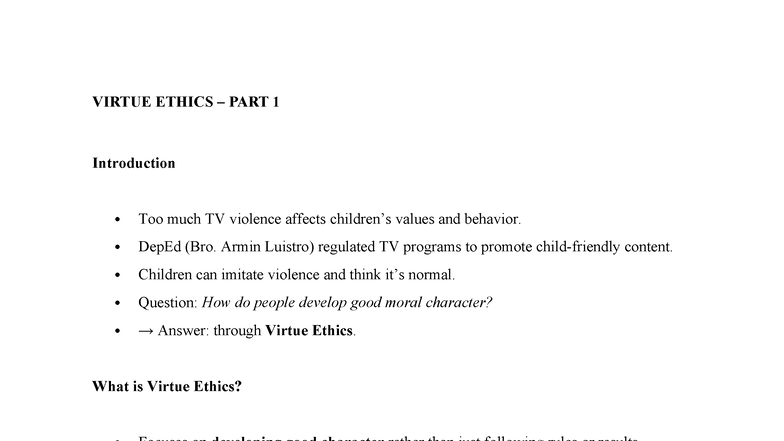 VIRTUE ETHICS (Part 1 & 2) Overview and Key Concepts - Studocu
