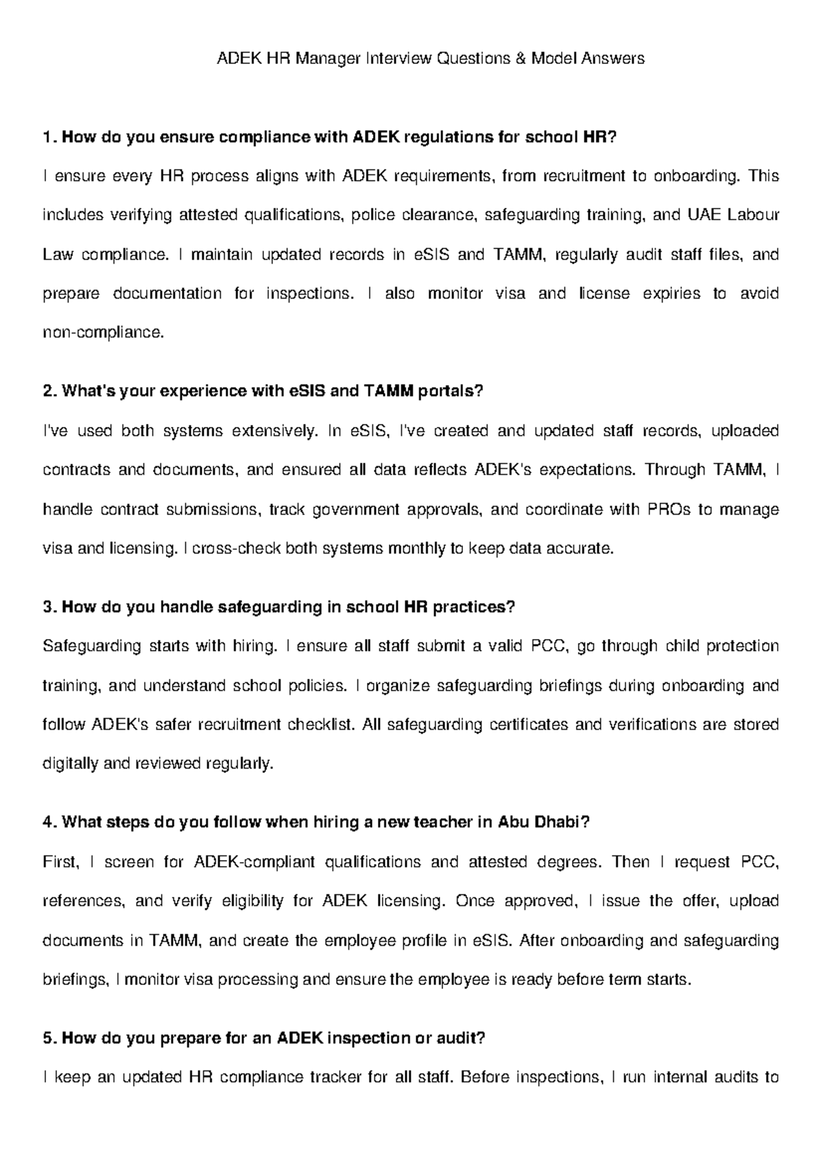 ADEK HR Manager Interview Q&A: Compliance & Safeguarding Insights - Studocu