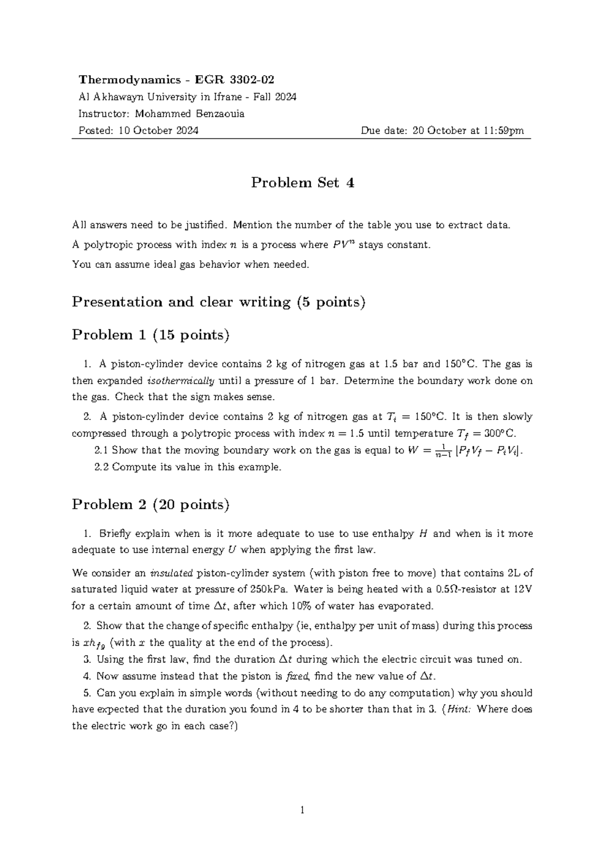 Pset4 - problem set 4 - Thermodynamics - EGR 3302- Al Akhawayn ...