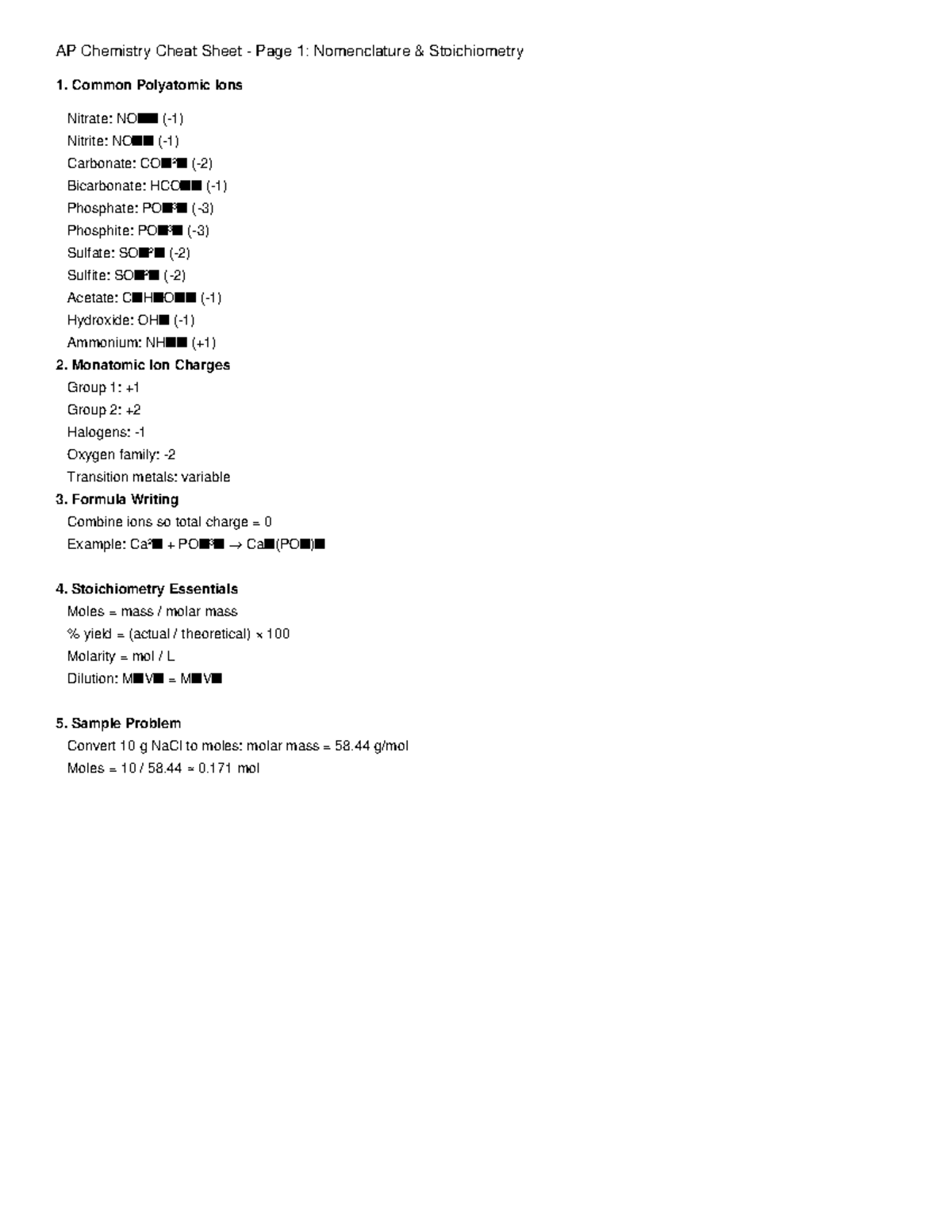 AP Chemistry Cheat Sheet: Nomenclature & Stoichiometry Essentials - Studocu