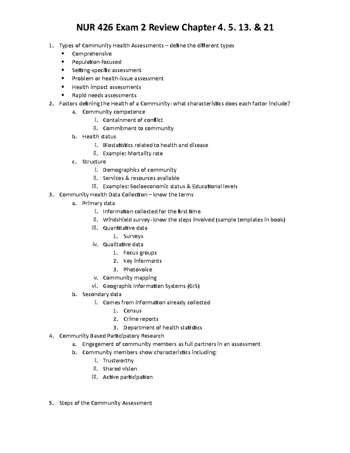 NUR 426 Exam 2 Study Guide: Community Health Assessments & Data - Studocu
