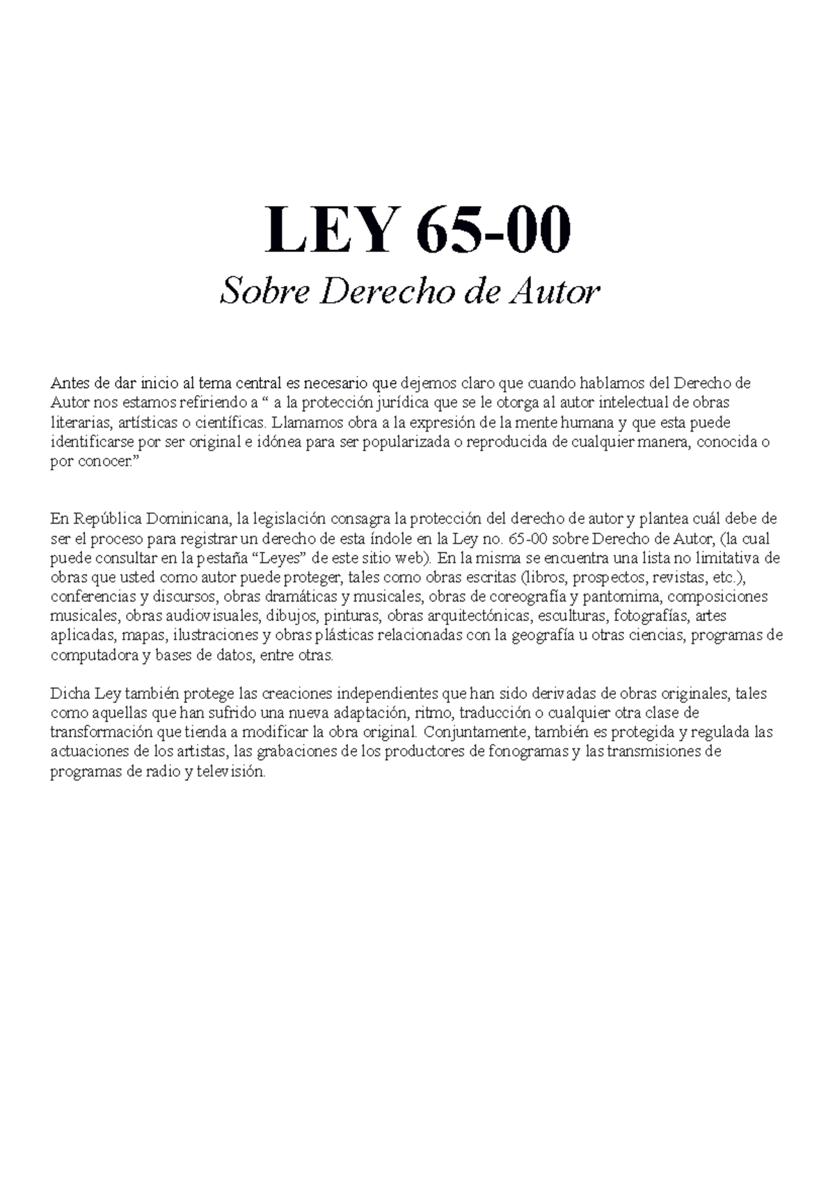 Ley 65-00 sobre Derecho de Autor en la República Dominicana - Studocu
