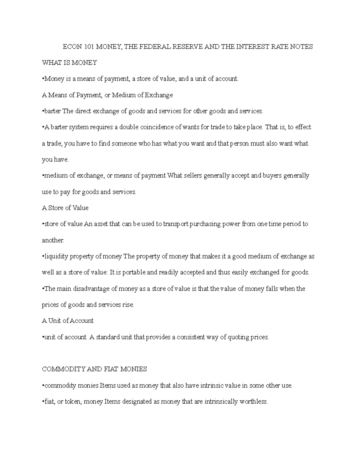 ECON 101 Final Exam Notes on Money, Federal Reserve, and Interest Rates ...